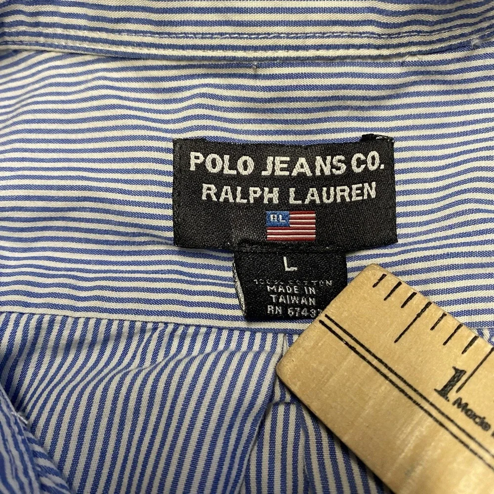 Polo Jeans Ralph Lauren Shirt Mens Large Blue‎ Striped Button Up Flag Logo Y2K